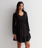 New Look Maternity Black Crinkle Long Sleeve Frill Mini Smock Dress